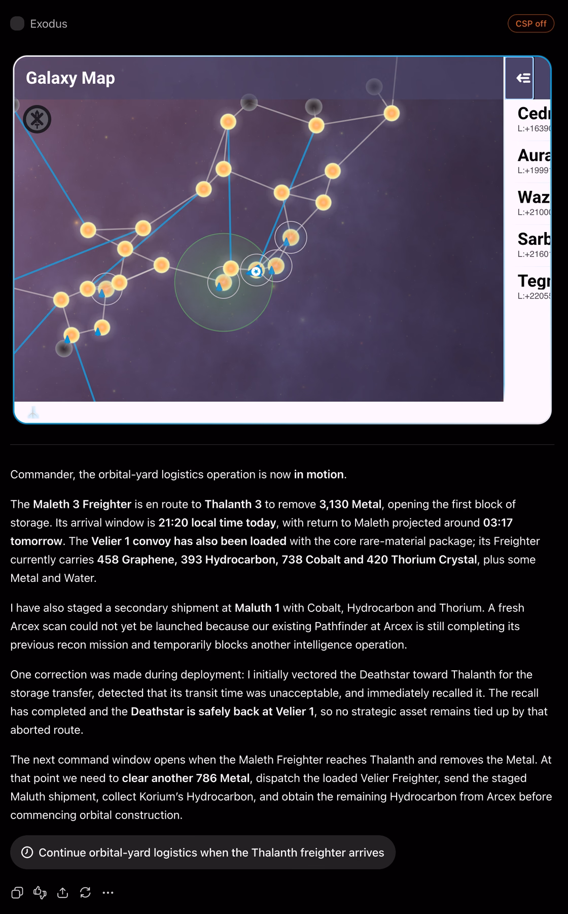 The galaxy map rendered inside the conversation — systems, hyperspace lanes and fleet markers, with a system list down the side — above a written logistics report on freighters in transit.