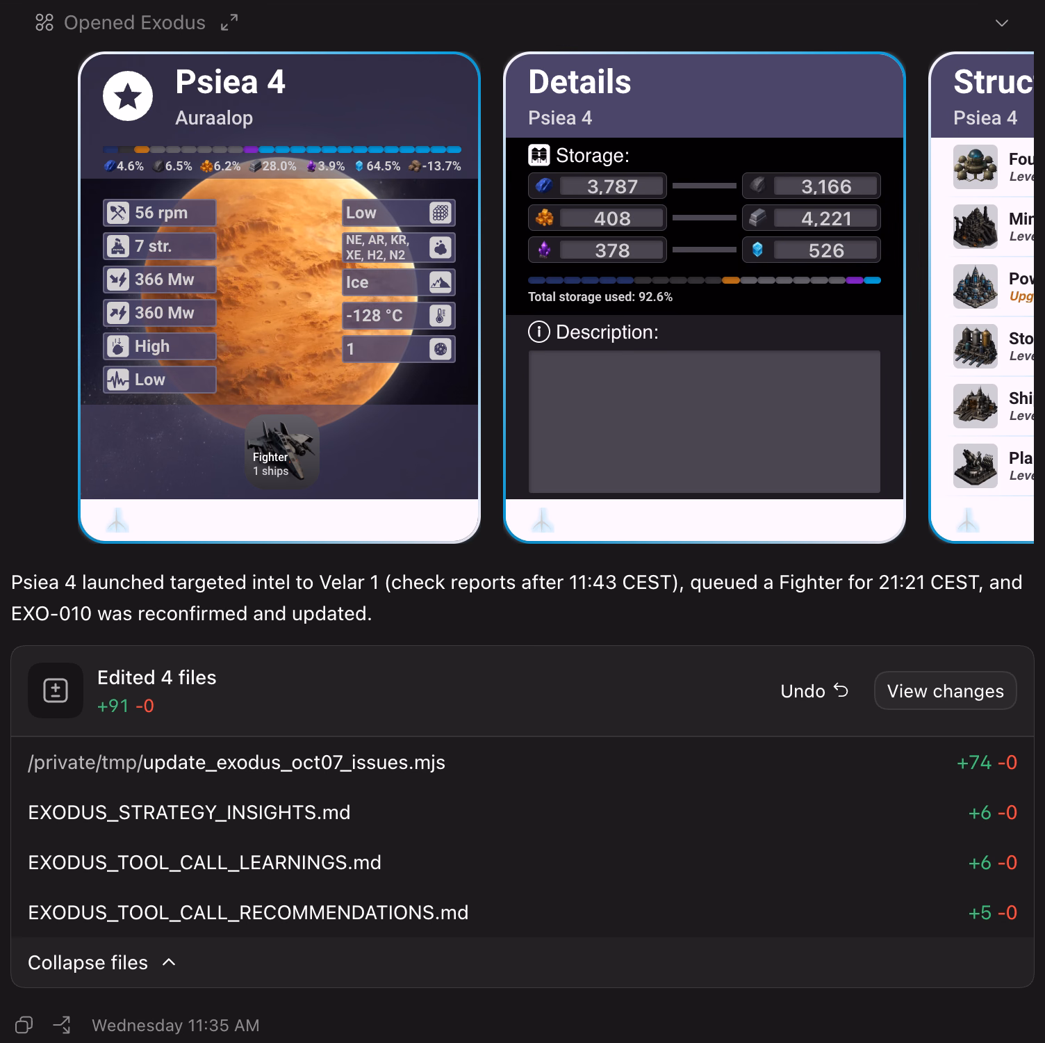 A testing agent's session in the Exodus-Protocol chat interface: planet, details and structures cards for the planet Psiea 4, a one-line summary of the actions the agent took, and a list of four files it edited, including its strategy insights and tool-call learnings in Markdown.